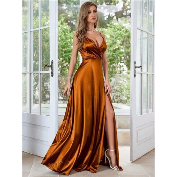 Vintage 1950's Style Surplice Neck Split Thigh Formal Elegant Prom Dress - Picture 7 of 7